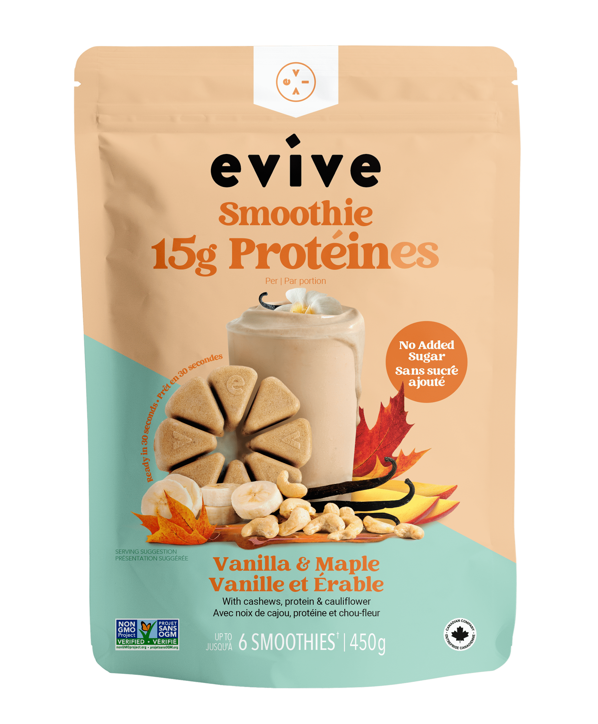 Evive Protein Smoothie Cubes - Maple Frappé, 450g, Vegan, Non-GMO, Frozen Cubes, Blend (banana, mixed fruits, cashews etc.)