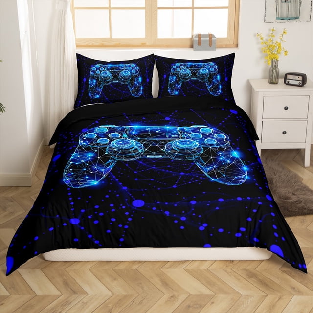 Erosebridal Gaming Gamepad Comforter Cover Queen, Mystic Geometric Bedding Queen Size, Abstract Stripe Decor, Reversible