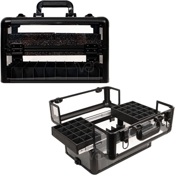 VER Beauty Hard Makeup Case with 2 Sliding Trays — Lockable Professional Cosmetic Organizer, Portable Nail Tech Travel Case, Aluminum & Acrylic, All Black