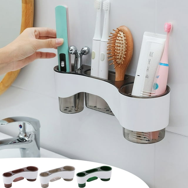 Portacepillos de Pared con Gancho para Toallas, Organizador de Baño de Plástico Abs para Cepillos de Dientes y Pasta de Dientes, Montaje Adhesivo Sin Taladro, 3 Opciones de Color.