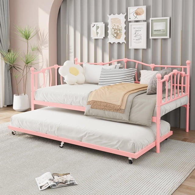 Yeshouse cama de metal con nido, dos camas individuales con cama abatible, soporte de acero, sin box spring, ideal para sala, apartamento o espacios pequeños