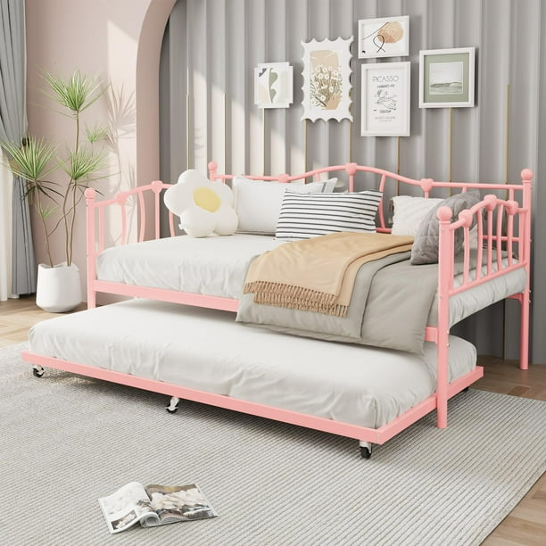Yeshouse cama de metal con nido, dos camas individuales con cama abatible, soporte de acero, sin box spring, ideal para sala, apartamento o espacios pequeños
