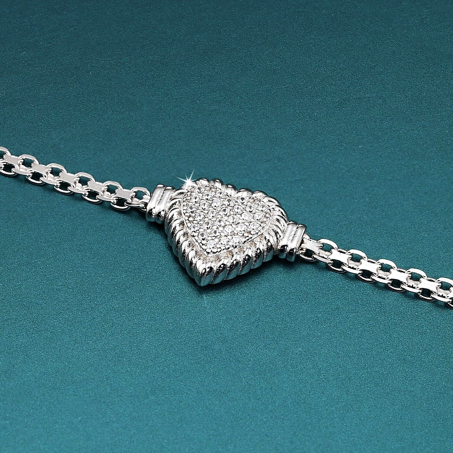 Tilo Jewelry Solid 925 Sterling Silver Pave Heart Pendant Italian Bracelet with Secure Lobster Lock | 5mm - 7.5 Inch | Everyday Bracelet for Women & Unisex