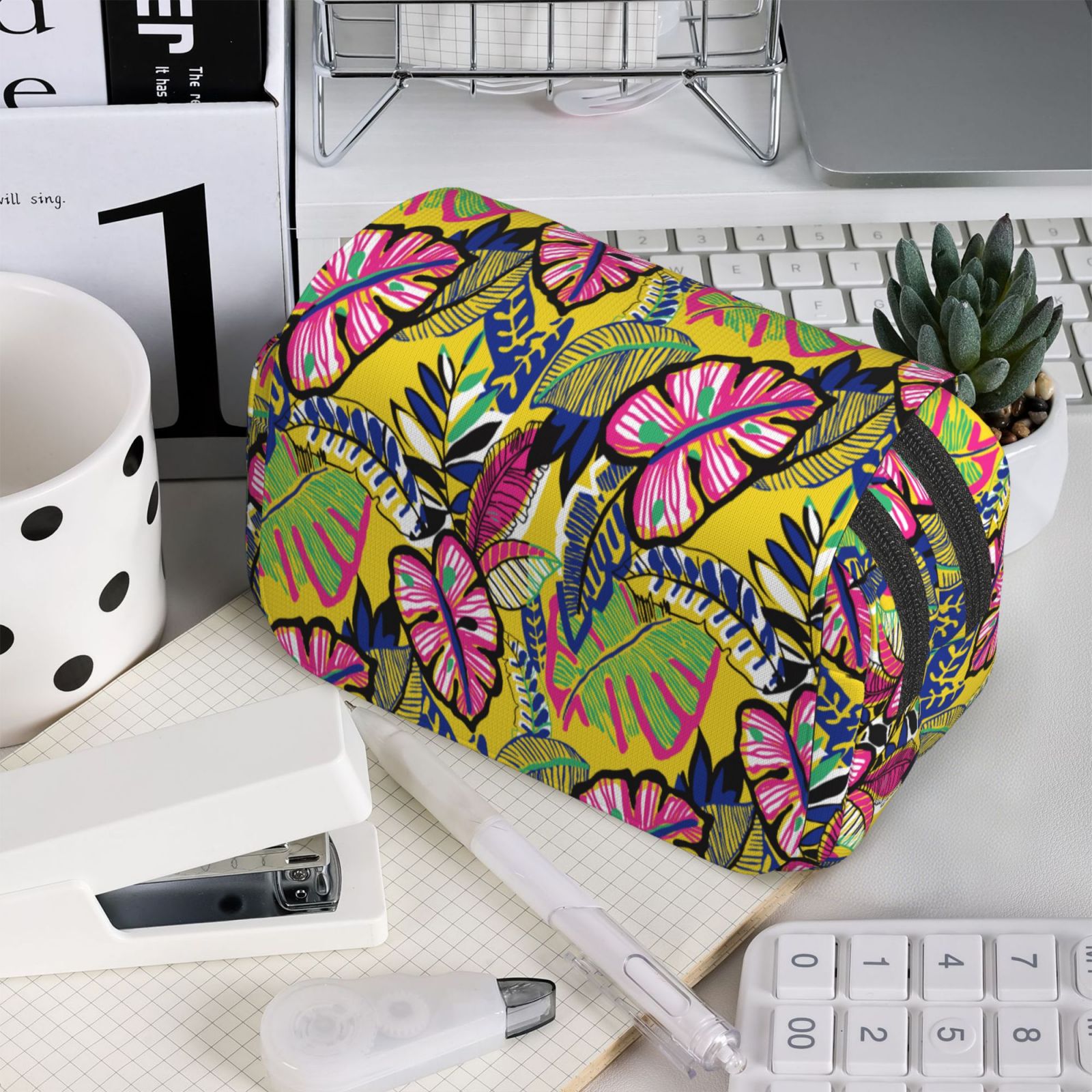 Rateoe Colrful Tropical Leaves Pattern Double Clamshell Pen Case, Storage Organizer with Two Zipper Compartments– Holds Up to 50 Pencils & Pens