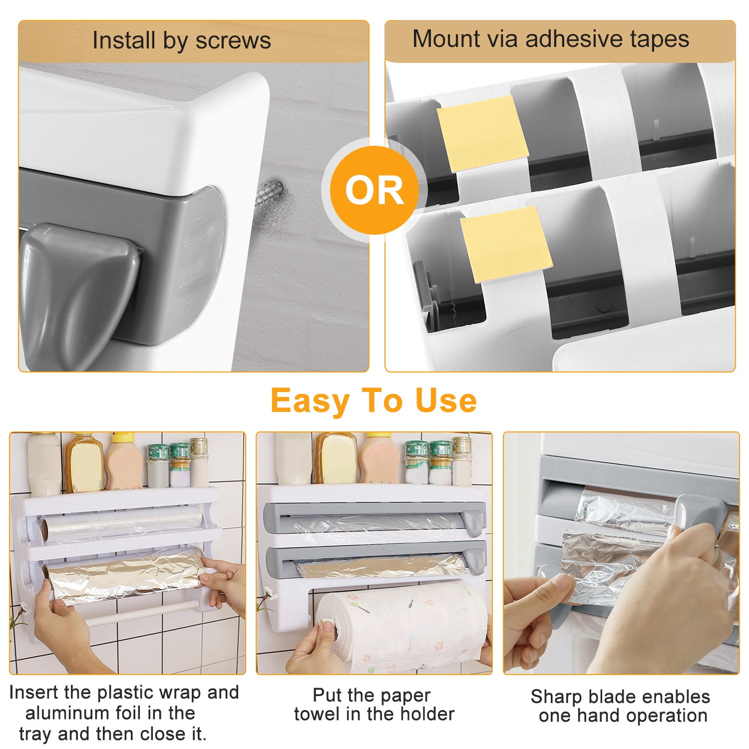 Magnetic Plastic Wrap Dispenser with Cutter Refillable Aluminum Tin Foil and Plastic Wrap Organizer for Kitchen,