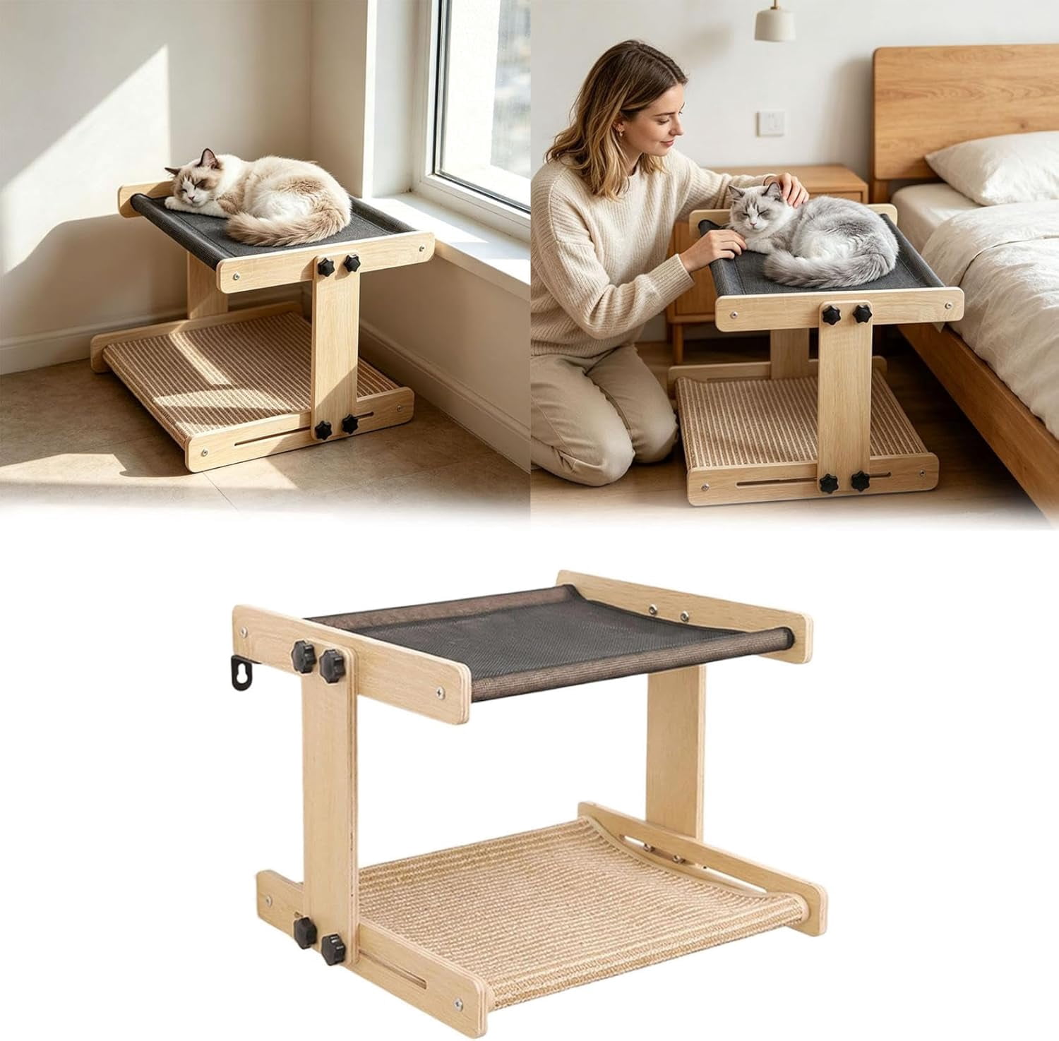 2-Tier Cat Window Perchs, Floating Wooden Hammocks, Elevated Cats Hammocks with Breathable Fabrics & Scratching Board, Sturdy Cats Bed Furniture for Indoor Multis-Cat Households