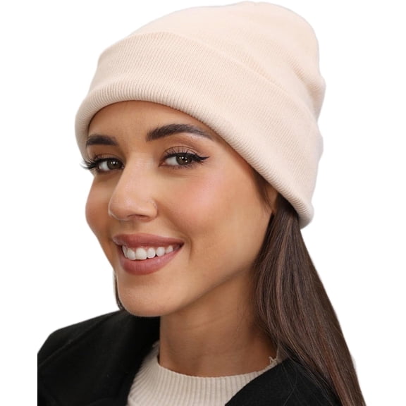 DOVACKA Unisex Winter Beanie Hat - Ultra Soft Cotton Stretch Knit, Cuffed Fitted Cap for Men & Women,Beige