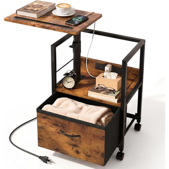 Night Stand with Charging Station & Swivel Top, Brown | Bedside Table with Wheels & a Fabric Drawer, Side Table with Storage, Multifunctional Furniture for Small Spaces, Bedroom