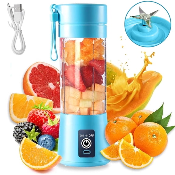 Personal Mini Blender , Portable Juicer USB Rechargeable Travel Smoothie Shake Cup, Blue, 380ml