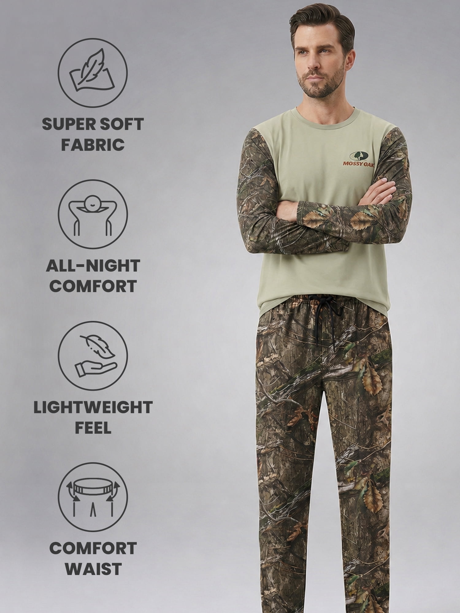 Mossy Oak Men's Pajamas 2-Piece Super Soft Long Sleeve Top and Pant Set, Camo Grey, XL