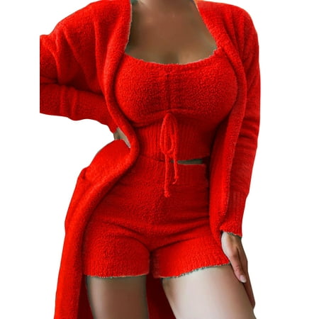 

Lumento Women Two Pieces Outfits Winter Warm Sleepwear Baggy Cropped Top+Shorts+Cardigan Jackets Nightwear Casual Pajamas Sets With Pockets Red 3XL