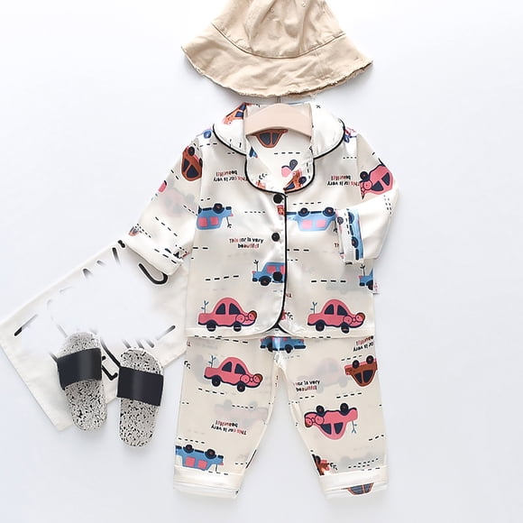 Girls Sleepwear & Robes Baby Set for Kids – Satin Button Down Shirt Top and Silk Pajama Pants Adorable Cartoon Theme Sleepwear Outfit for Girls and Boys