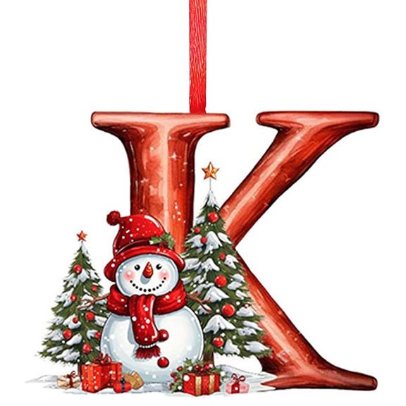 QISIWOLE 26 Letter Flat Snowman Christmas Ornaments, 3.5in Cute Flat Christmas Tree Letter Decoration, Personalized Hanging Pendant for Indoor DIY Hanging Xmas Ornament-K