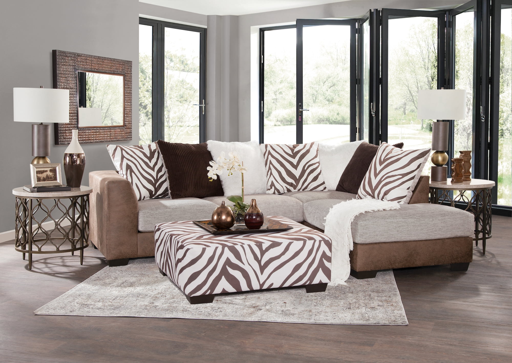 American Furniture Classics Model 8-12-A413V2-K Square Arm Brown and White Two Piece Sectional Sofa with Seven Large Back Pillows