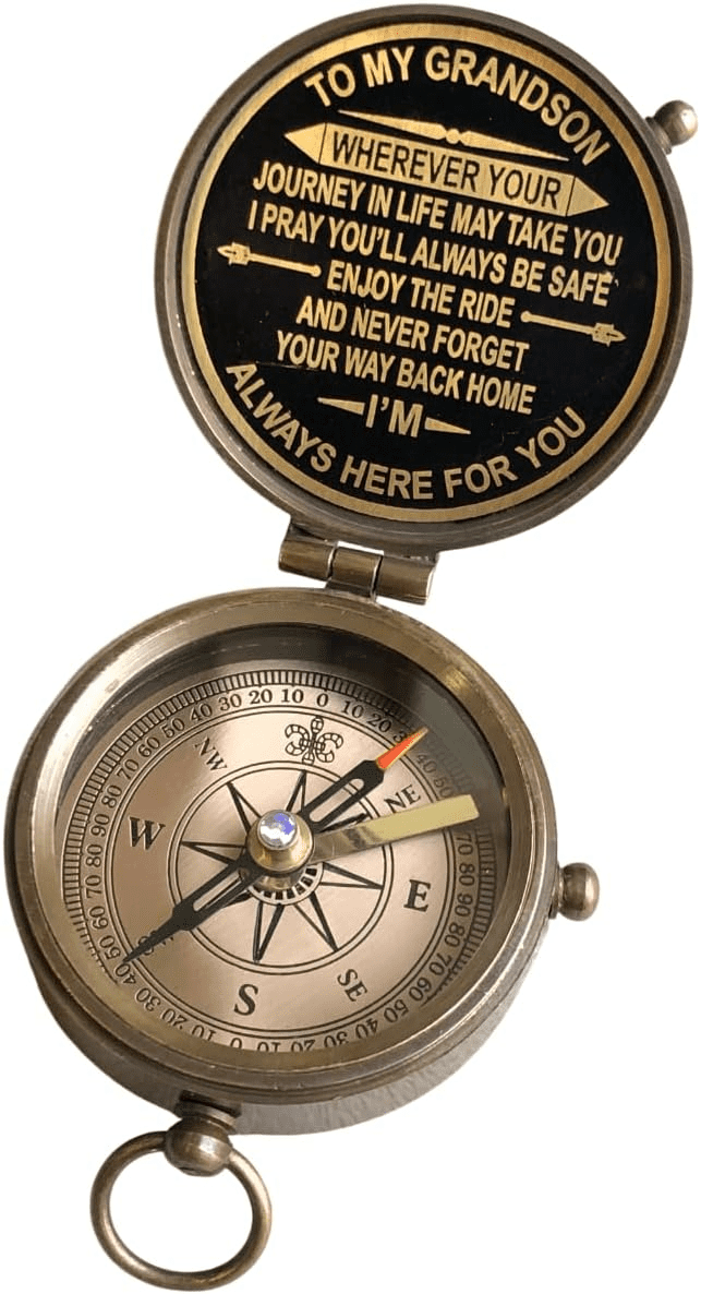 Gift for Grandson Brass Compass Engraved Quote | Memory Present to My Grandson Birthday, Baptism, Graduation, Confirmation, Love, Gift idea by Grandpa Grandma (Grandson - Always Here for You)