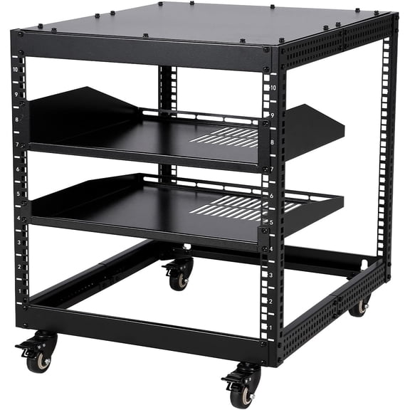 10U Open Frame Server Rack, Free Stand or Wall Mount Network Rack with Lockable Wheels & 2Pcs 1U Vented Shelves, 23"-40" Adjustable Depth, for Networking, Servers, Audio, and Video Equipment
