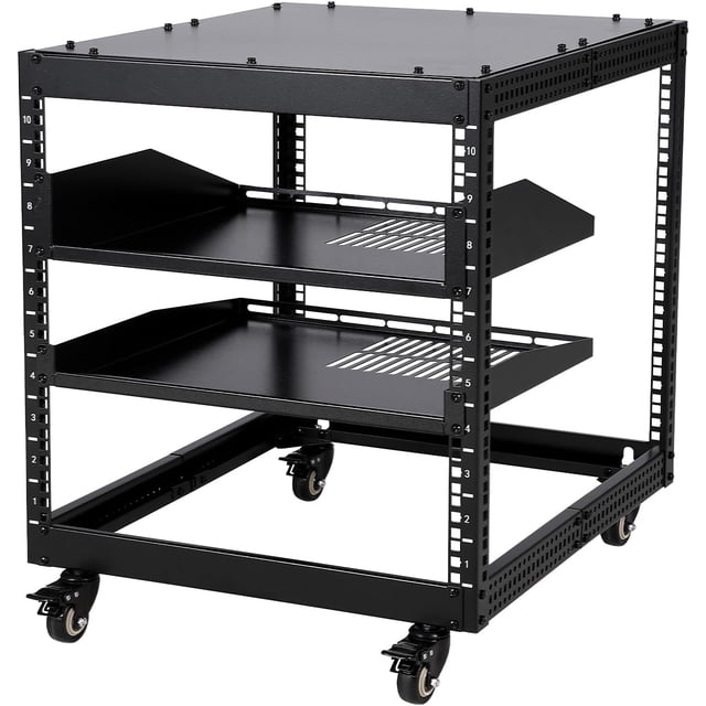 10U Open Frame Server Rack, Free Stand or Wall Mount Network Rack with Lockable Wheels & 2Pcs 1U Vented Shelves, 23"-40" Adjustable Depth, for Networking, Servers, Audio, and Video Equipment