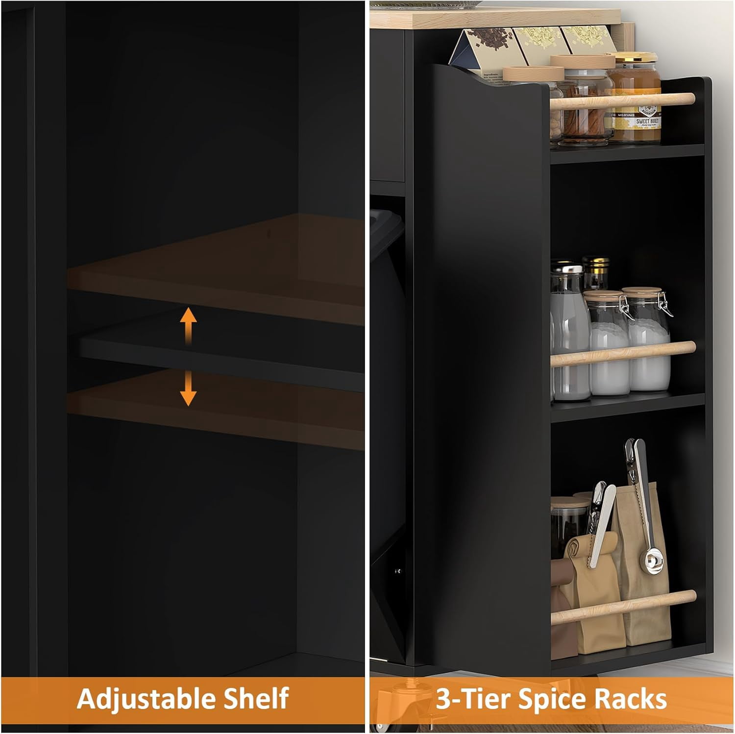Frmobepts Rolling Kitchen Island with Drop Leaf, Tilt Out Kitchen Trash Cabinet 10 Gallon Storage, Kitchen Cart Island with Rubber wood Top, Spice Rack and Drawers,Black