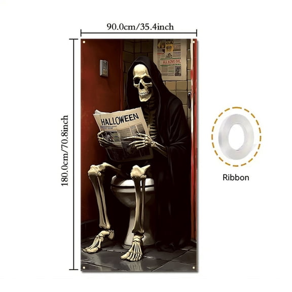 Halloween Skeleton Door Cover, Funny Photo Props Skeleton Bathroom Door Cover, Halloween Backdrop Background Decorations Party Supplies 35*71 In D