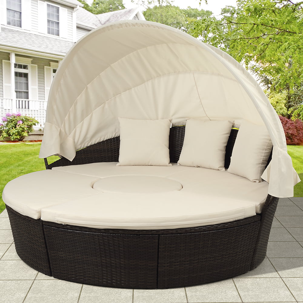 Outdoor Patio Furniture Sets Round Daybed With Retractable Canopy Separates Cushioned Seats Brown Rattan Sunbed Conversation For Garden Lawn Beige Cushion W7857 Com - Outdoor Patio Furniture Daybeds