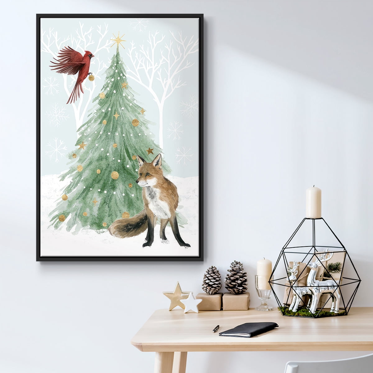 Christmas in the Forest Collection B - Framed Gallery Wrapped Holiday Canvas - 27 x 41 - Black Frame