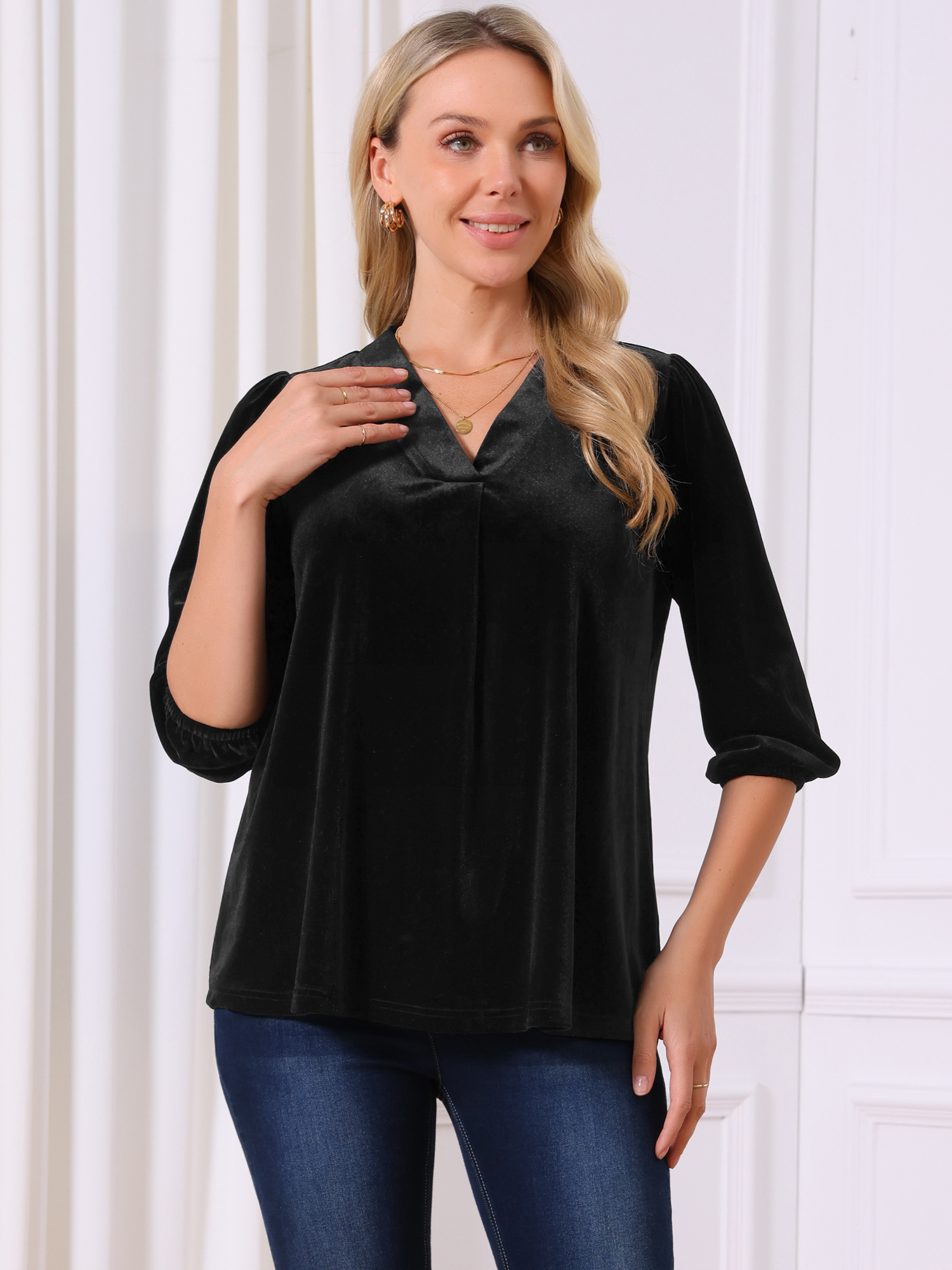 DARING DIVA Women's Velvet V Neck 3/4 Puff Sleeve Casual Blouse L Black