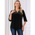 thumbnail image 5 of DARING DIVA Women's Velvet V Neck 3/4 Puff Sleeve Casual Blouse L Black, 5 of 8
