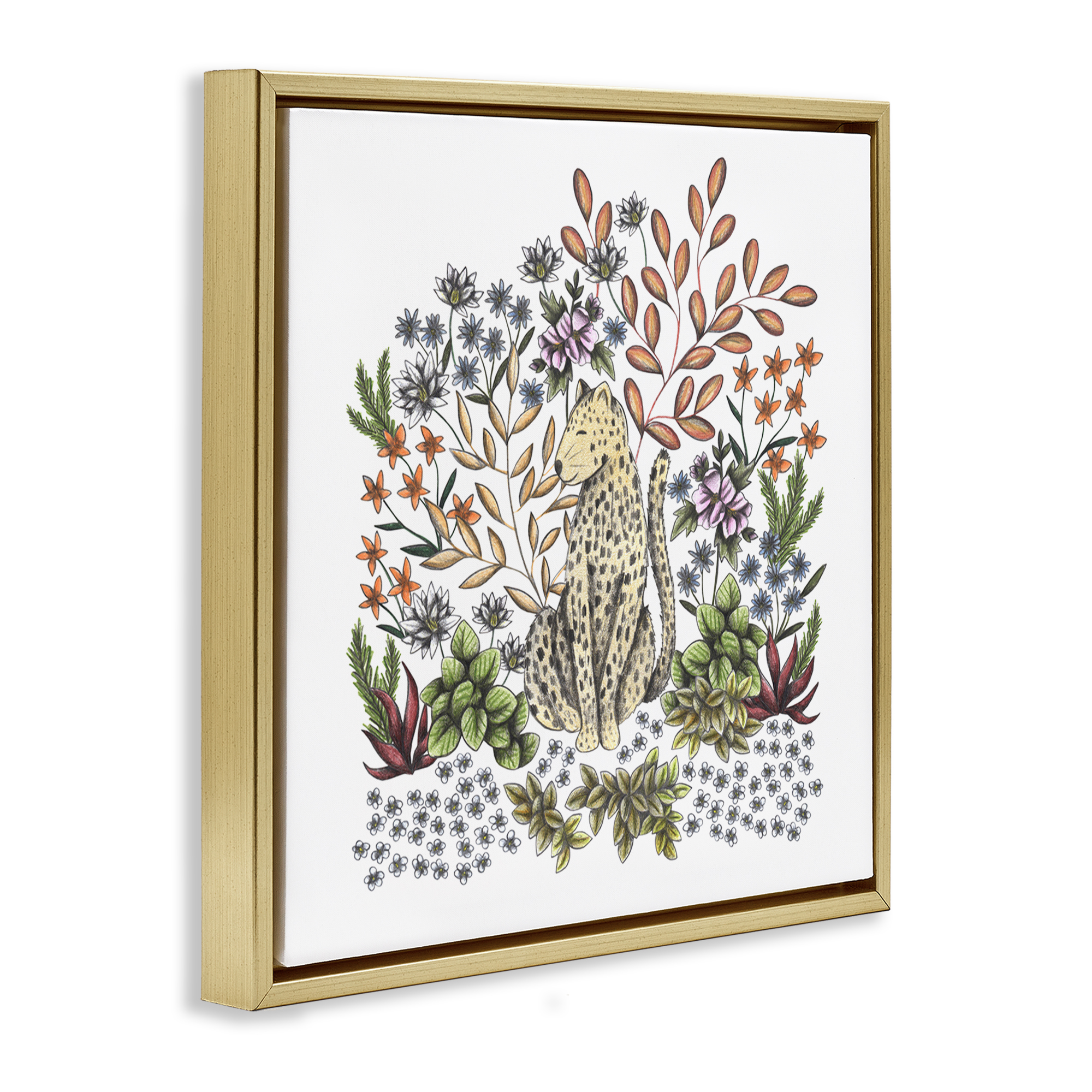 Jungle Wildlife Leopard Gold Framed Floater Canvas Wall Art, design by Cecilia Battaini