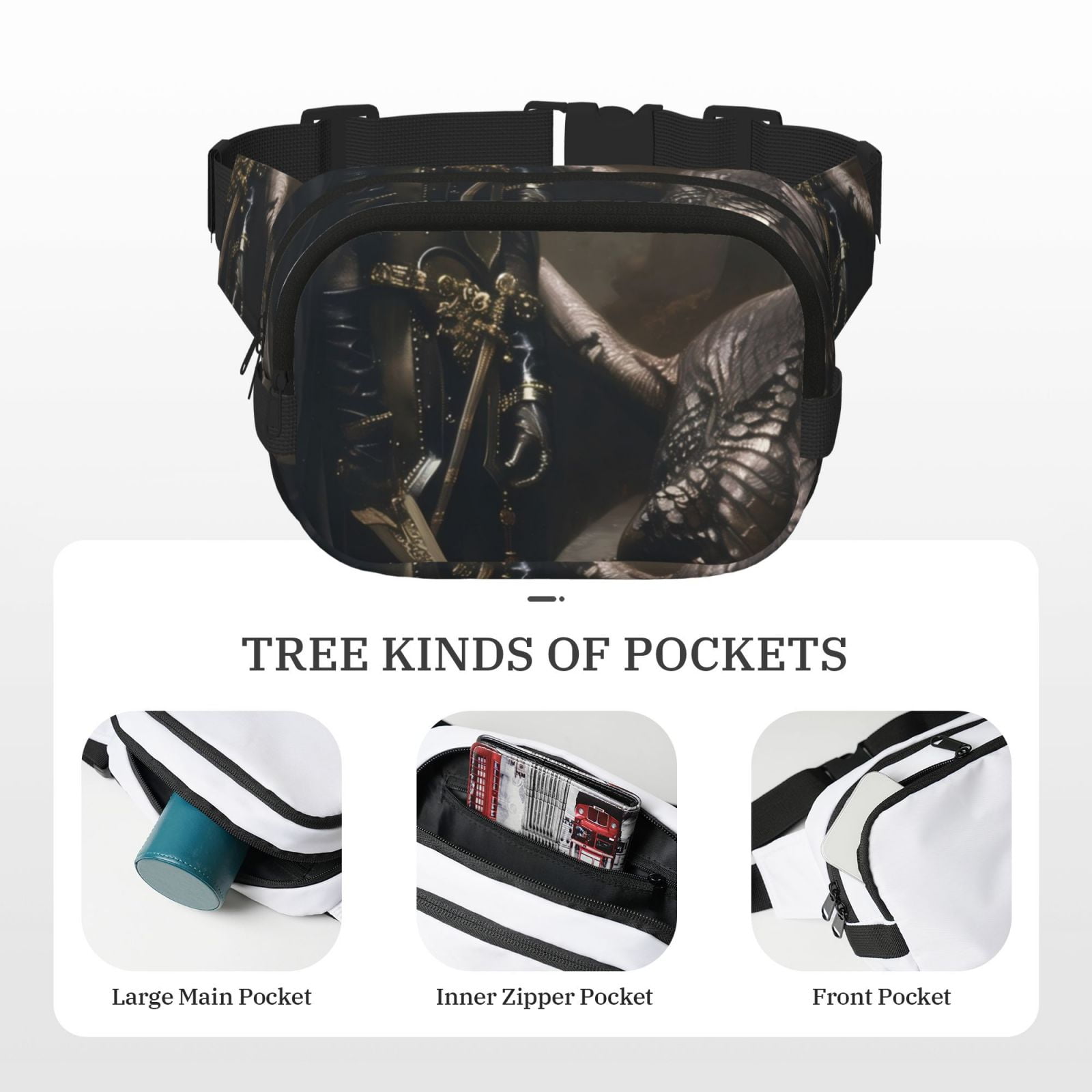 Picia Medieval Knight And Dragon Print Square Double-Layer Waist Bag Mini Adjustable Waist Belt Bag Exercise Running Travel Hiking
