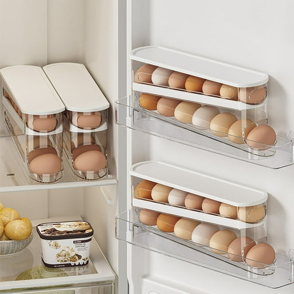 2-Tier Auto Rolling Fridge Egg Organizer,Space Saving Eggs Dispenser for Refrigerator Storager,Clear Egg Holder Tray and Egg Organizer, Holds 10-14 Standard, Large, or Jumbo Eggs