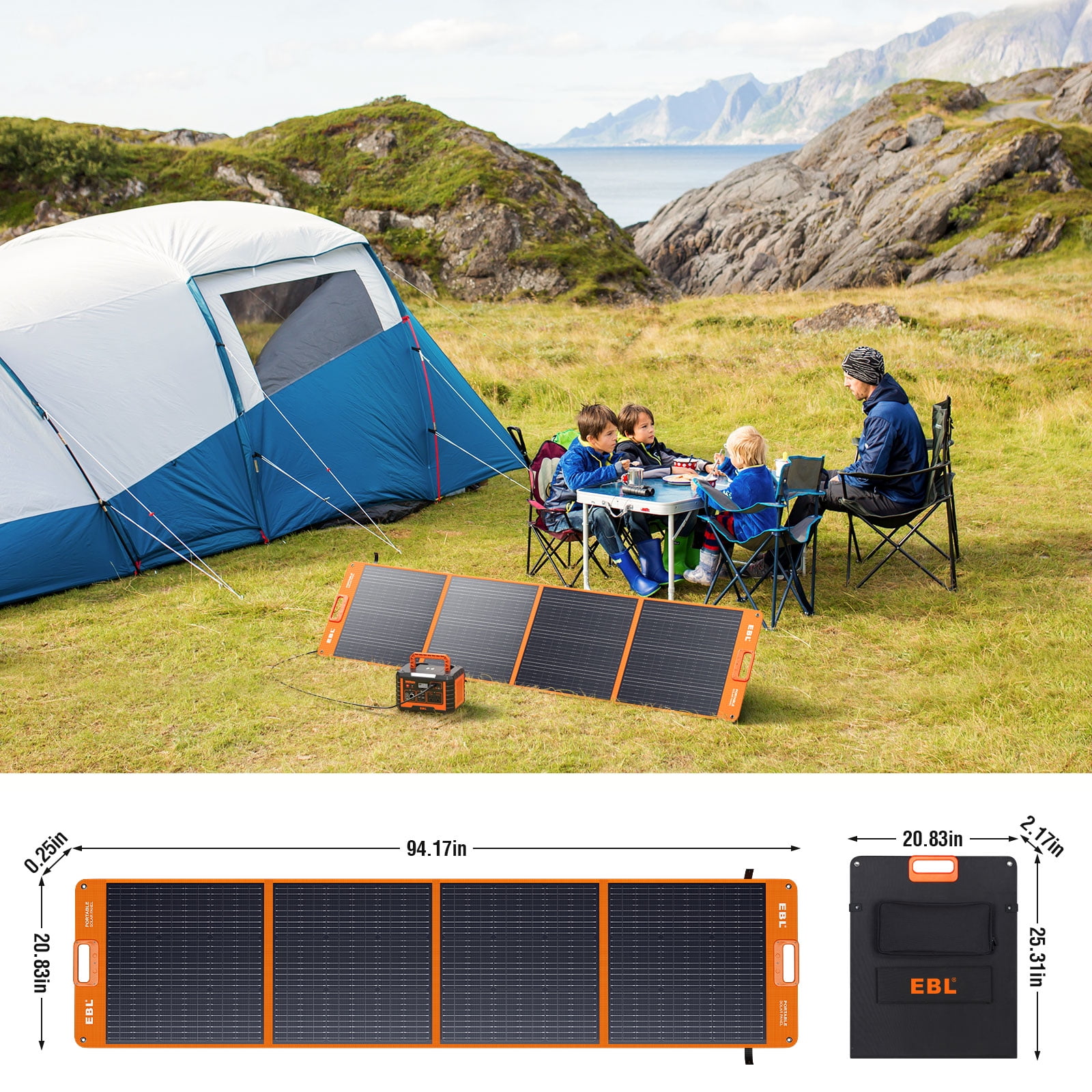 EBL 200 Watt Portable Solar Panel for Power Station, Foldable Solar Charger with MC-4 Output,QC3.0 USB-C&USB-A Ports 23.5% High Efficiency IP67 Waterproof 4 Kickstands for Camping RV Blackout