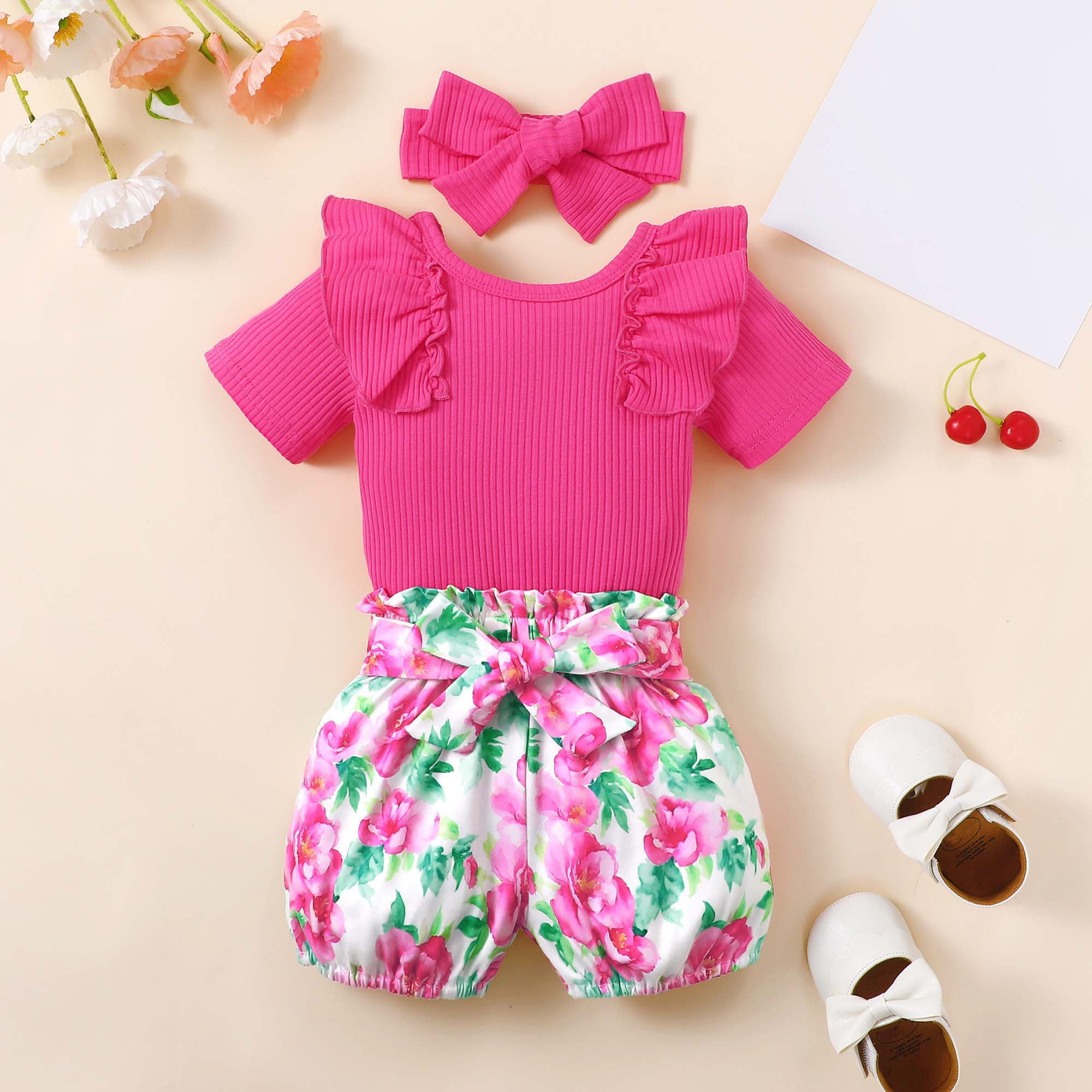 Baby Girl Clothes Short Sleeve summer Newborn Baby Girl Clothes Infant Outfits Ruffle Sleeve Romper Bodysuit Floral Pants Toddler Girl Outfits