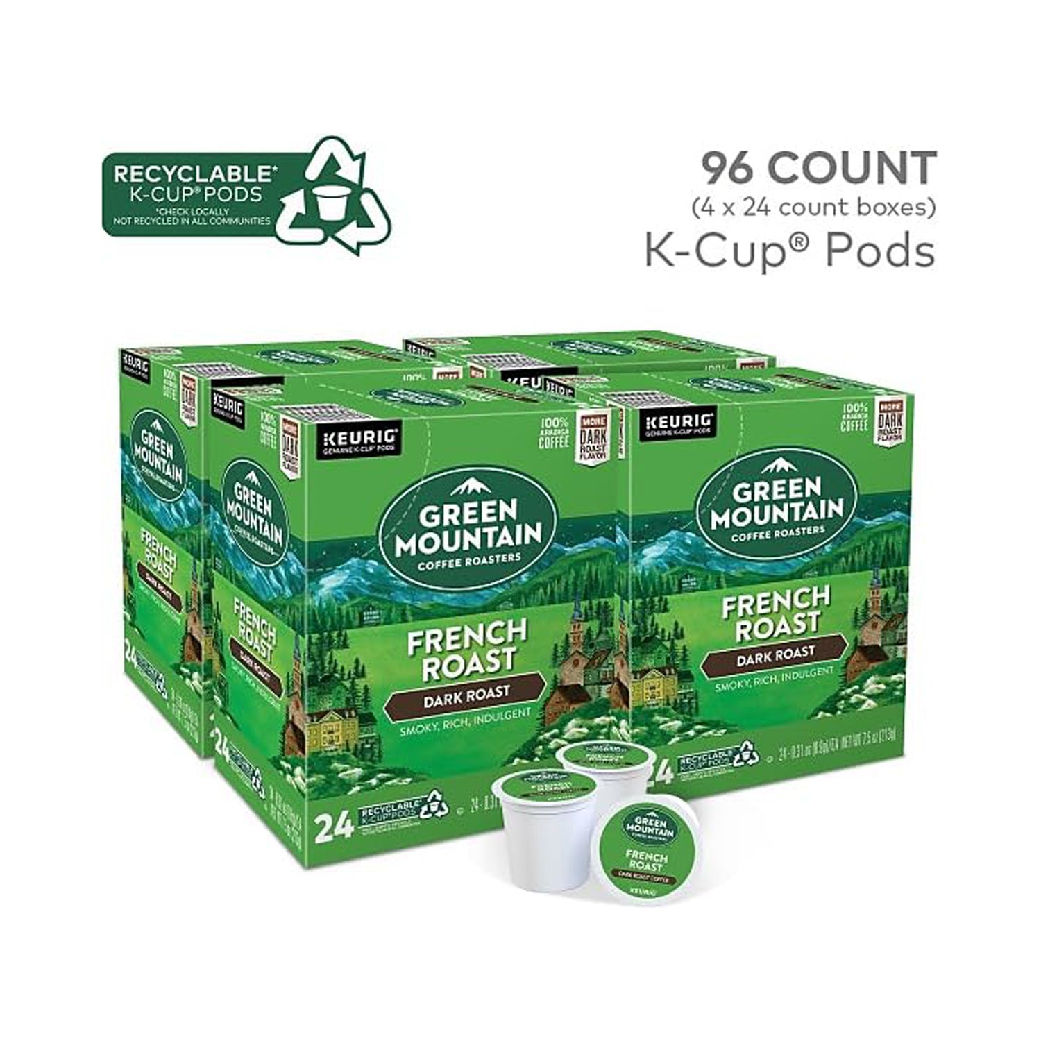 Green Mountain Coffee, French Roast, Single-Serve Keurig K-Cup Pods, Dark Roast Coffee, 96 Count (4 Boxes Of 24 Pods).