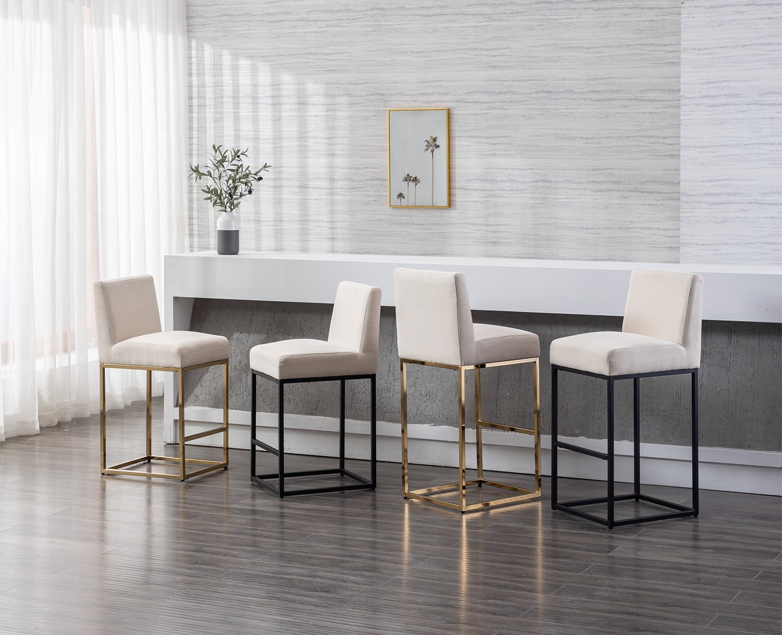 Guyou 27" Height Linen Upholstered Bar Stool Set of 2, Modern Metal Counter Height Stool with Mid Backrest and Footrest for Kitchen Island Bar Restaurant, Cream