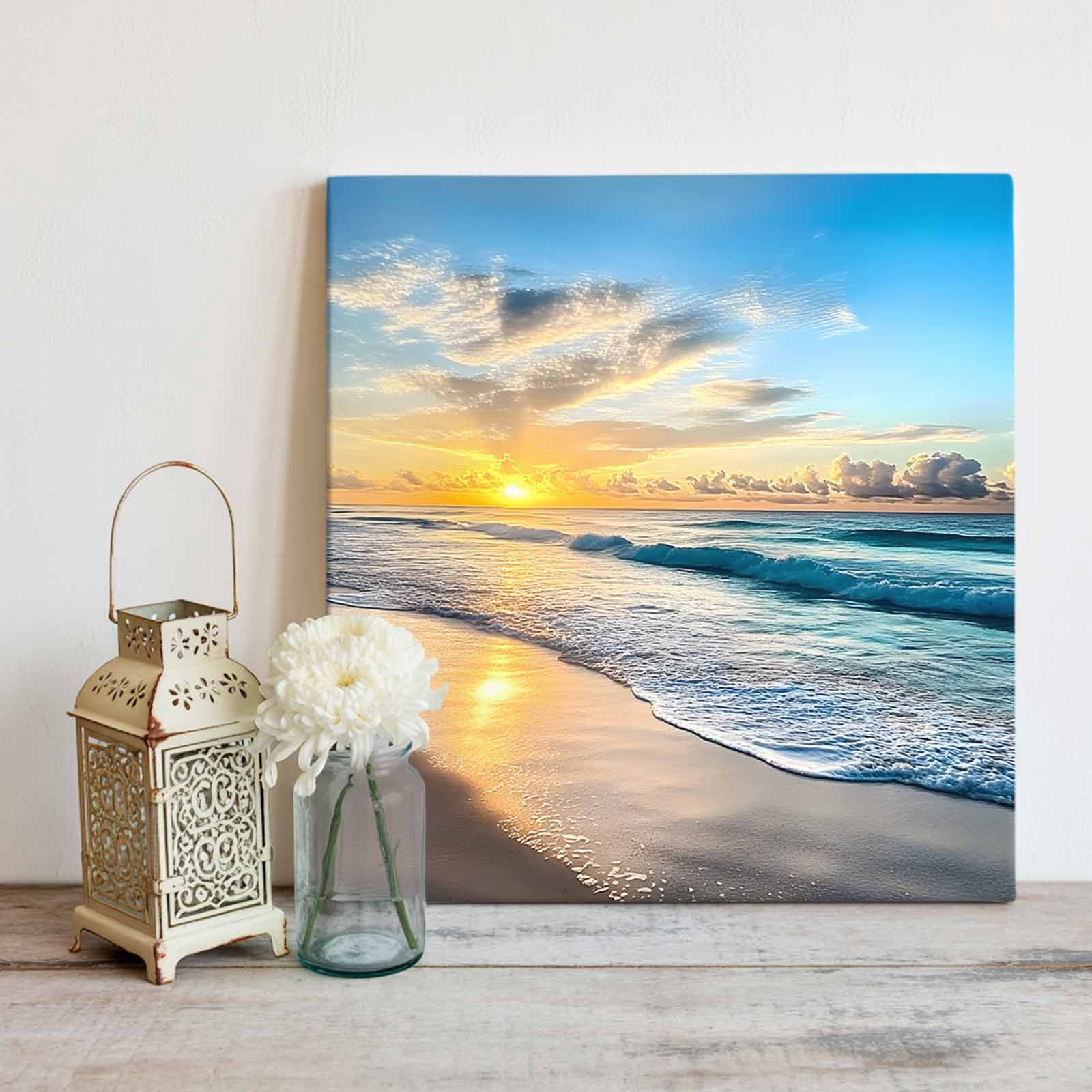 Ocean Sunrise Sunset Canvas Wall Art, Beach Waves Sea Scenery Framed Wall Decor Modern Artwork Prints Painting for Living Room, Bedroom, Kitchen & Cafe Decor 12x12 Inch