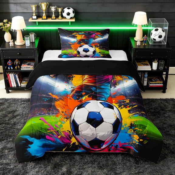 Erosebridal Soccer Graffiti Splash Twin Comforter Sets 3-Piece for Kids Teens,Boys Girls Sport Gamer Bedding Set,Black Reversible,Breathable Home Decor