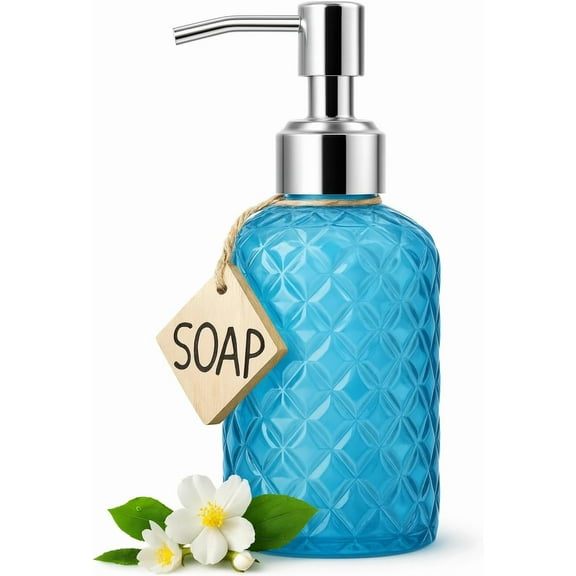 15oz Glass Soap Dispenser with Stainless Steel Pump, Refillable Kitchen Soap Dispenser, Bathroom Dispenser for Hand Soap, Dish Soap, and Lotion (Blue)