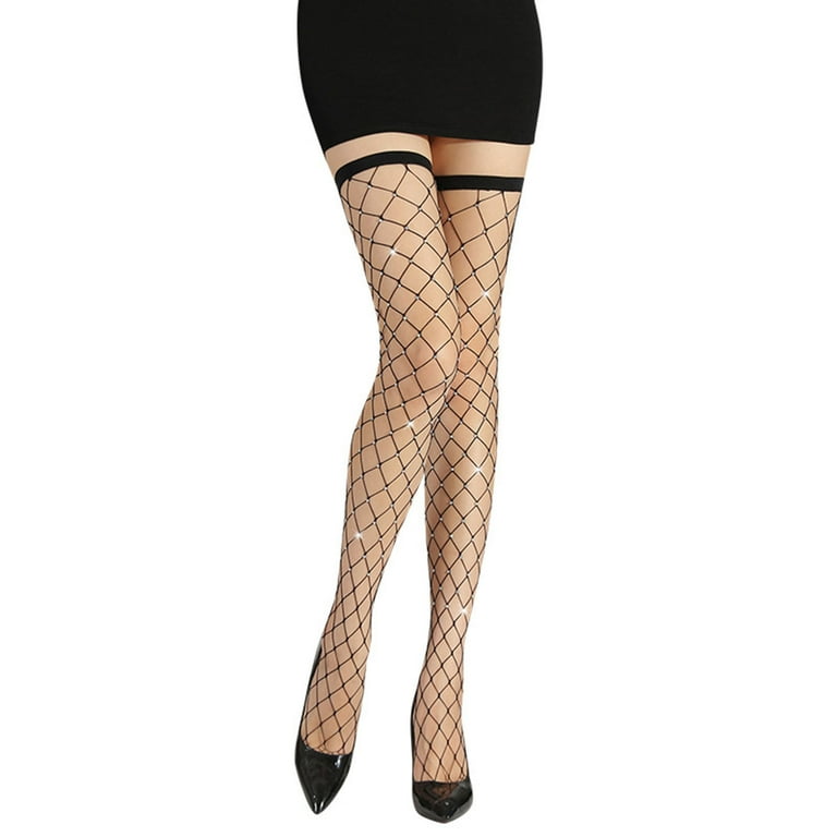 DTBPRQ Women Thigh High Stockings over the Knee Rhinestone Fishnets Black  Elastic Fishnet Stockings Mesh High Socks Fish Net Tights Pantyhose for