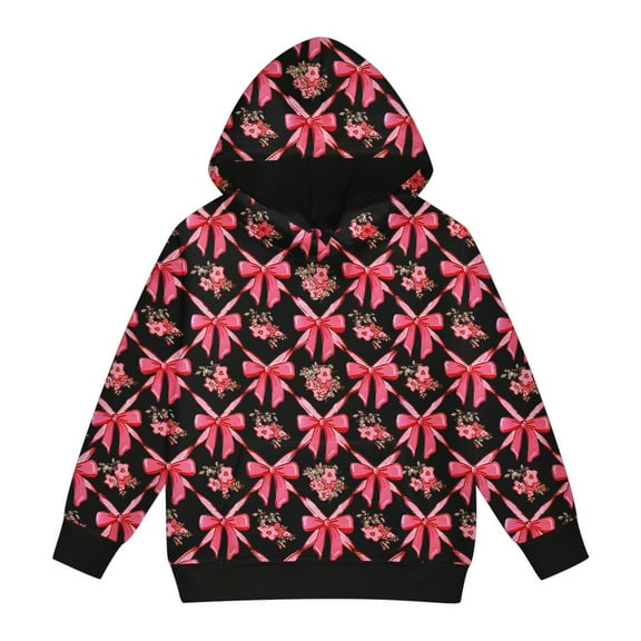 Goindgs Sweatshirts for Girls Tops Trendy Cute Bow Floral Printed Pullover School Drop Shoulder Loose Outdoor Soft with Pocket Hooded Sweatshirts Tween Tops Black-3-4 T