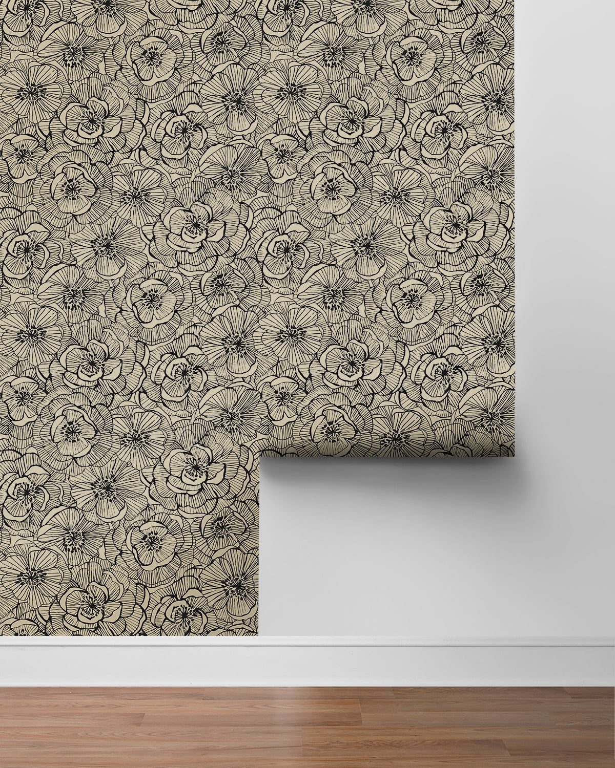 NextWall Gold Shimmer & Ebony Ellie Graphic Floral Peel and Stick Wallpaper