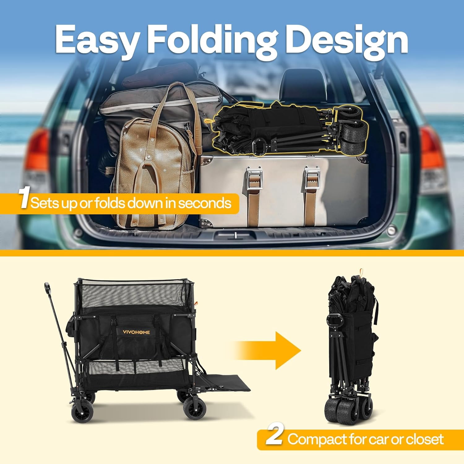 SPECSTAR 500L Large Capacity Double Decker Collapsible Wagon 500lbs Heavy Duty Utility Folding Cart with Big Wheels 53" Extended for Camping, Sports