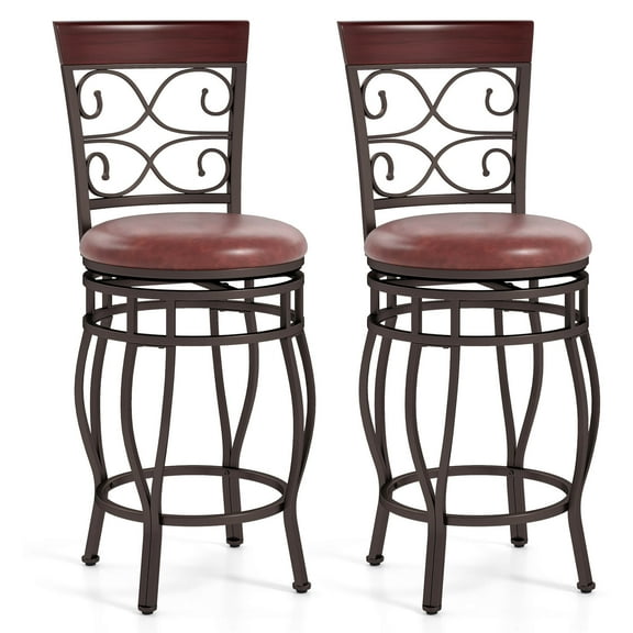 Costway 26" Swivel Bar Stools Set of 2 with Upholstered Seat Scroll Backrest Footrest Brown
