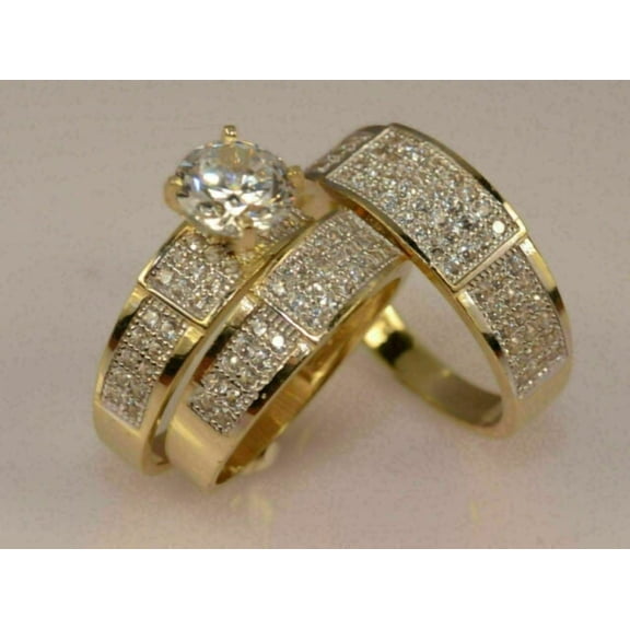 TAAPSEE JEWELS 3 Ct Round CZ His Her Wedding Trio Ring Set 14K Yellow Gold Over