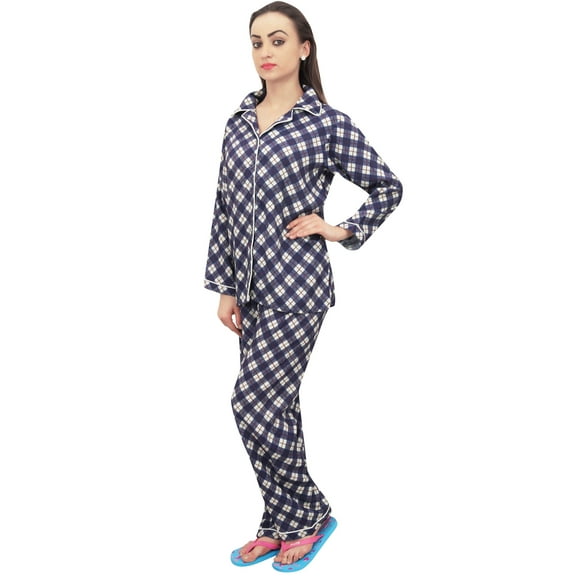 Bimba 2 Pcs Navy Blue Check Print Women's Shirt With Pajama Pants Nightwear - 8
