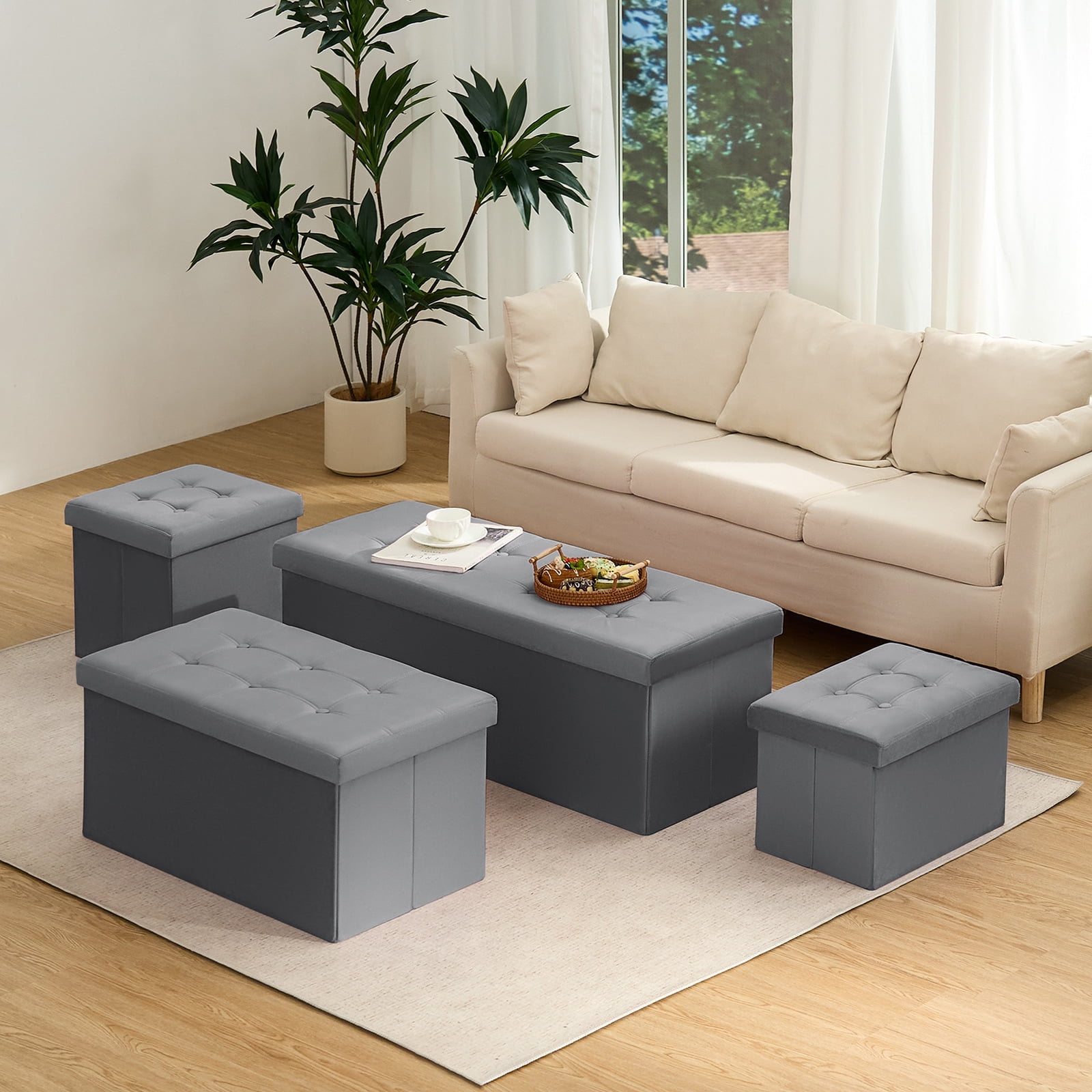 LUSIMO Ottoman with Storage 43" Velvet Storage Bench Folding End of Bed Bench Hold up to 660lb Footstool for Bedroom Living Room, Dark Grey