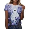 thumbnail image 2 of Women's Pastel Halloween Shirts Aesthetic Floral Ghost Graphic T-Shirts Short Sleeve Crew Neck Tees Casual Purple Flower Novelty Tops Fall Clothing, 2 of 6