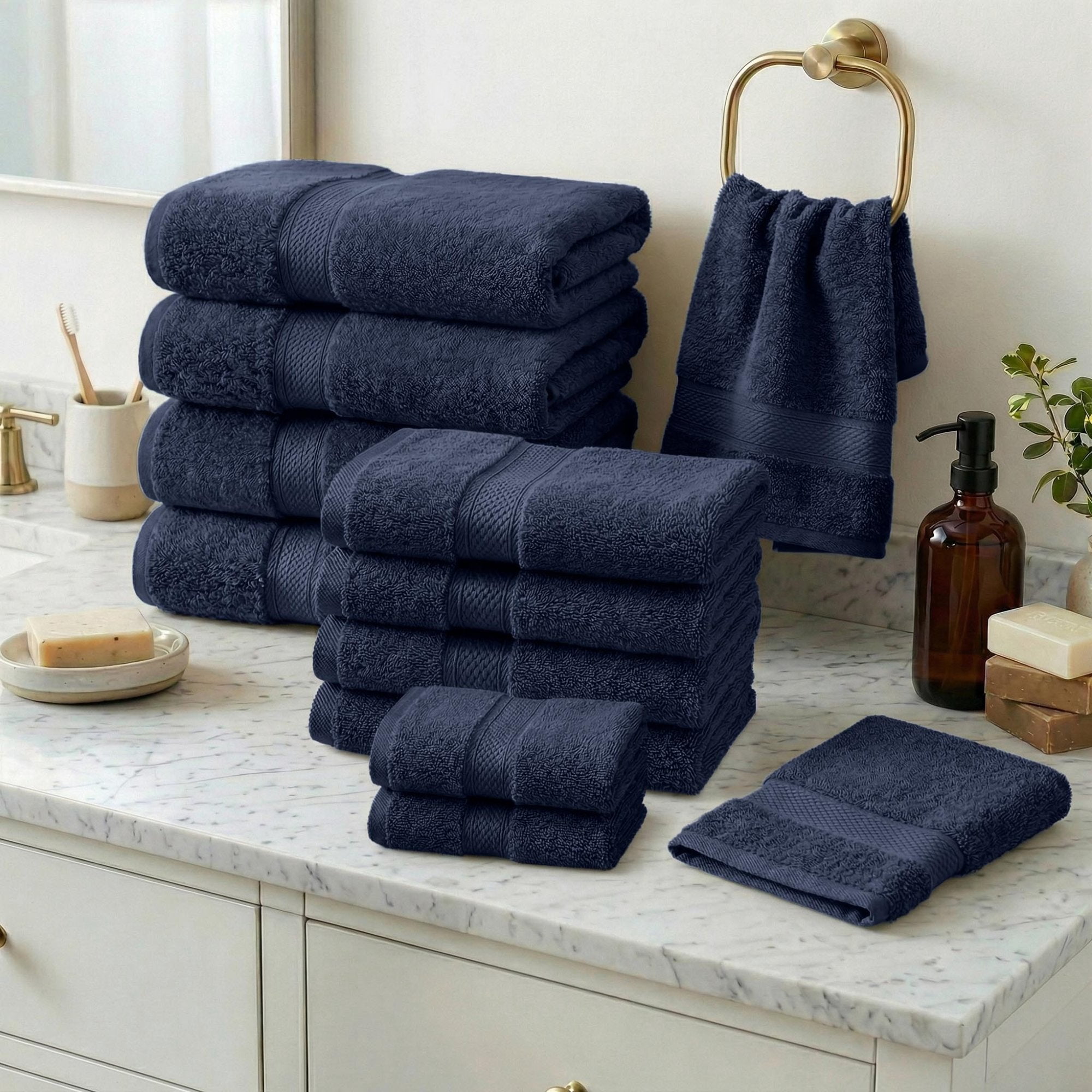 Superior Madeline Egyptian Cotton Ultra-Plush 12-Piece Towel Set, Navy Blue