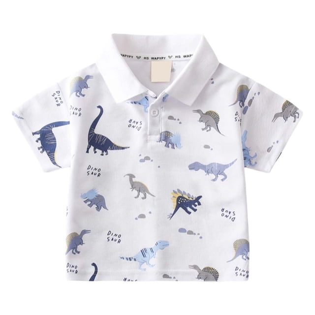 Tee Shirt Enfant Manches Courtes avec Imprimé Dessin Animé Mode Col Rabattu Hauts Été Garçons Chemises Blanc 2 Ans-3 Ans