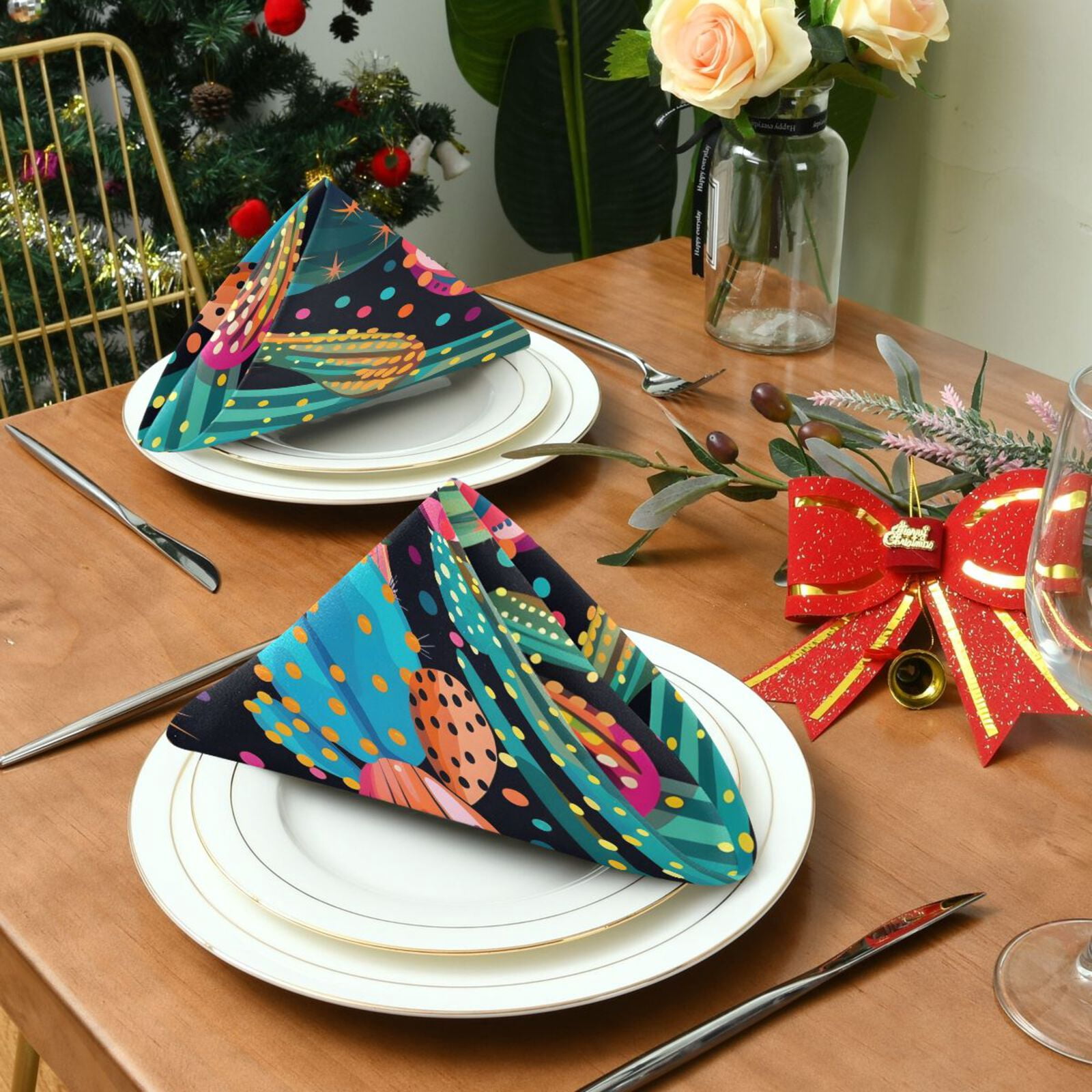 JSTEL Cactus Polka Dots Rainbow Cacti Cloth Napkins Set of 6, 20x20 Inch Washable and Reusable Napkin for Decoupage Dinner Party Everyday Use