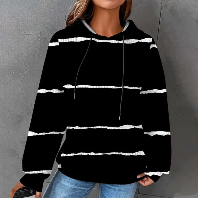 EGNMCR Sweat à Capuche à Manches Longues pour Femmes, Imprimé Rayé, avec Poches, Automne